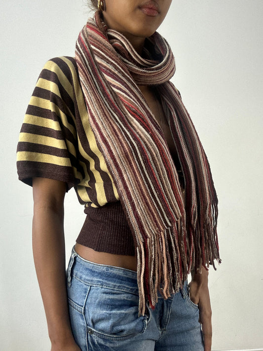 winter edit | brown and burgundy striped knit tassel scarf