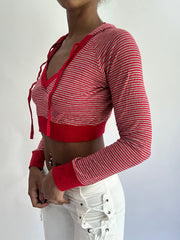 olivia rodrigo drop | taille: XS · couleur: rouge · article: sweat à capuche · détails: rayé + court