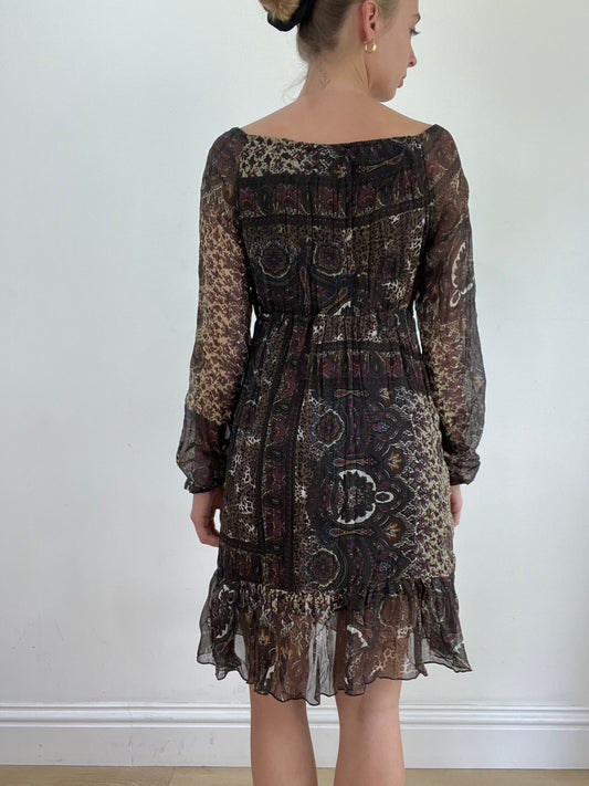 💚 miley cyrus edit | small brown long sleeve dress with paisley mesh overlay