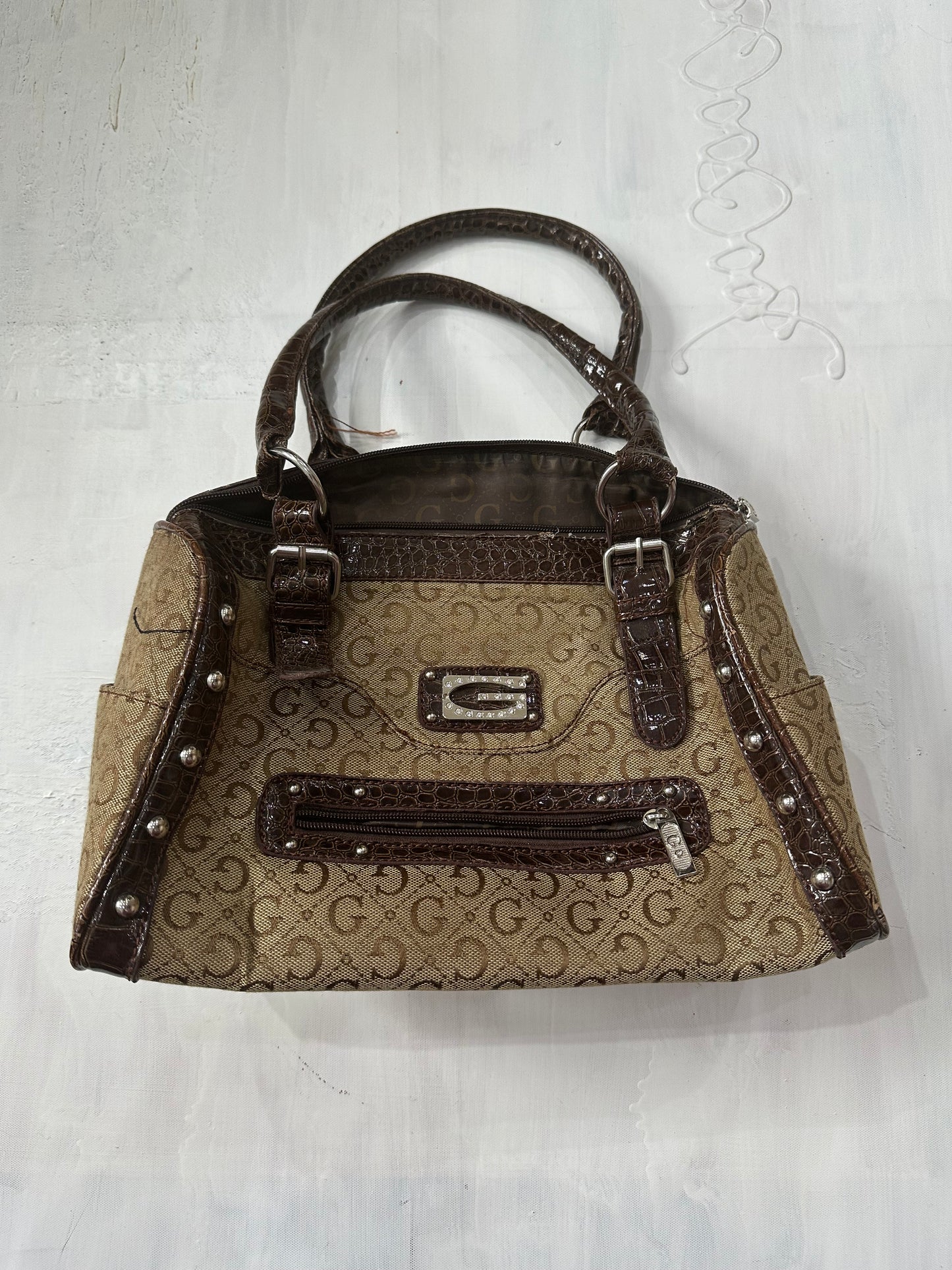 midsummer edit | brown 'G' monogram shoulder bag with faux leather straps