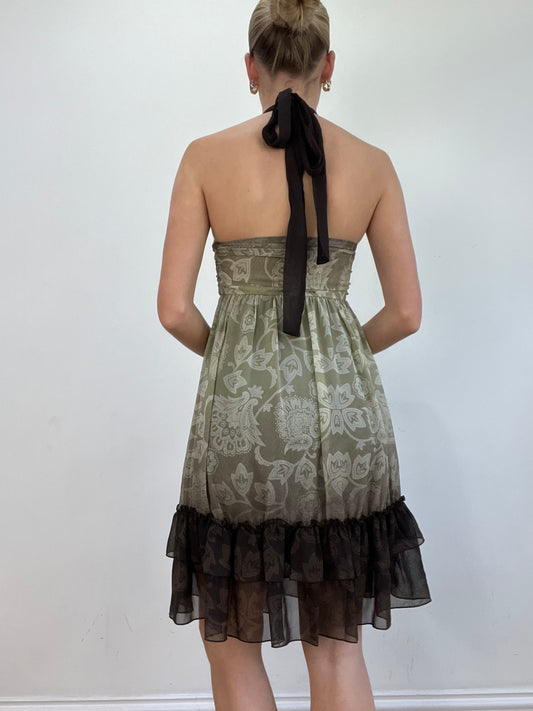 💻💚vintage edit twenty | small khaki and brown halterneck floral dress