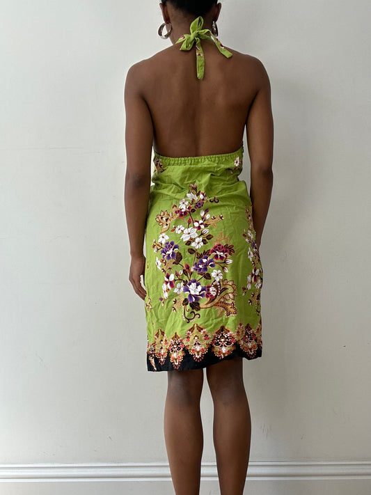 vintage edit twenty-seven | taille: S · couleur: vert · article: robe · détails: encolure dos-nu + fleuri + sequins + motifs + 3D + détail