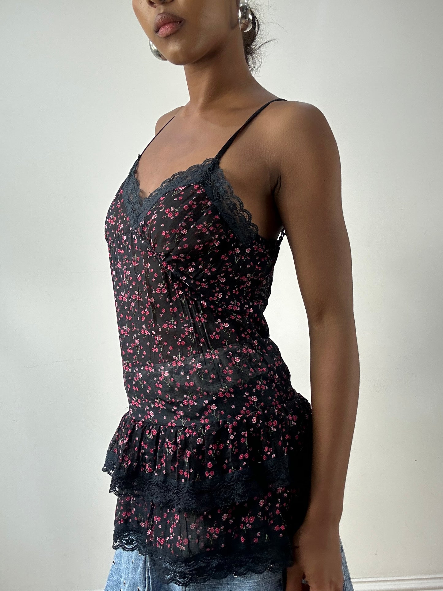 LFW edit | medium black cami with pink and red floral print