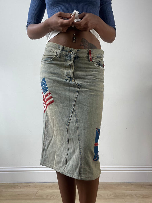 LFW edit | small blue denim midi skirt with painted flags detail