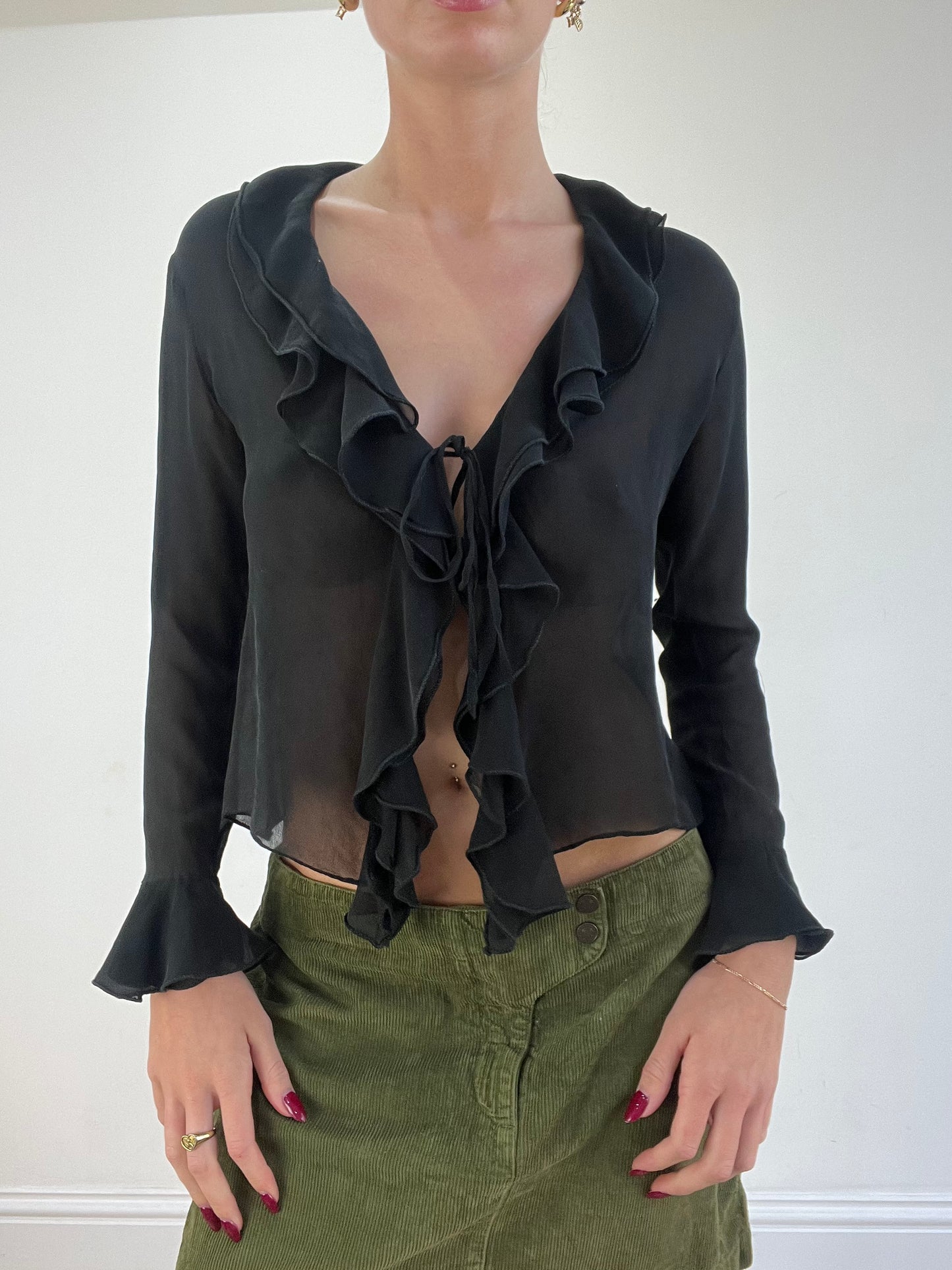 vintage edit sixteen | small black semi sheer ruffle shirt