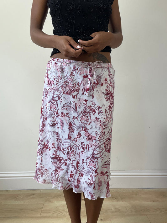 vintage edit twenty-seven | extra small white and pink floral midi skirt