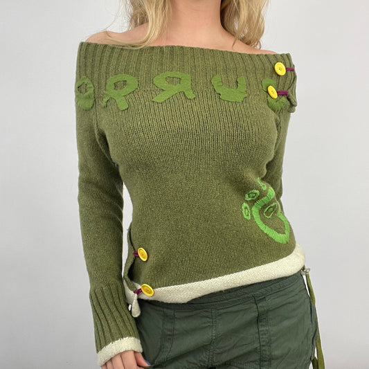 💻 HIPPY CHIC DROP | s/m green graphic off shoulder knitted jumper