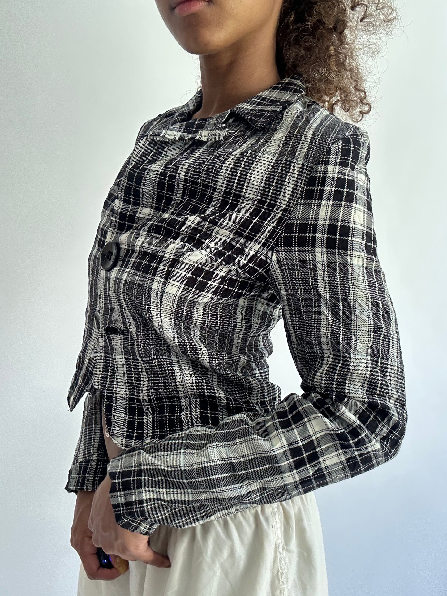 ‼️ | extra small black and grey plaid button up top