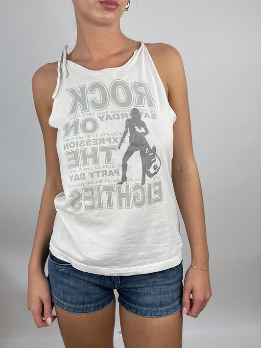 ADDISON RAE DROP | medium white graphic tank top with tie straps