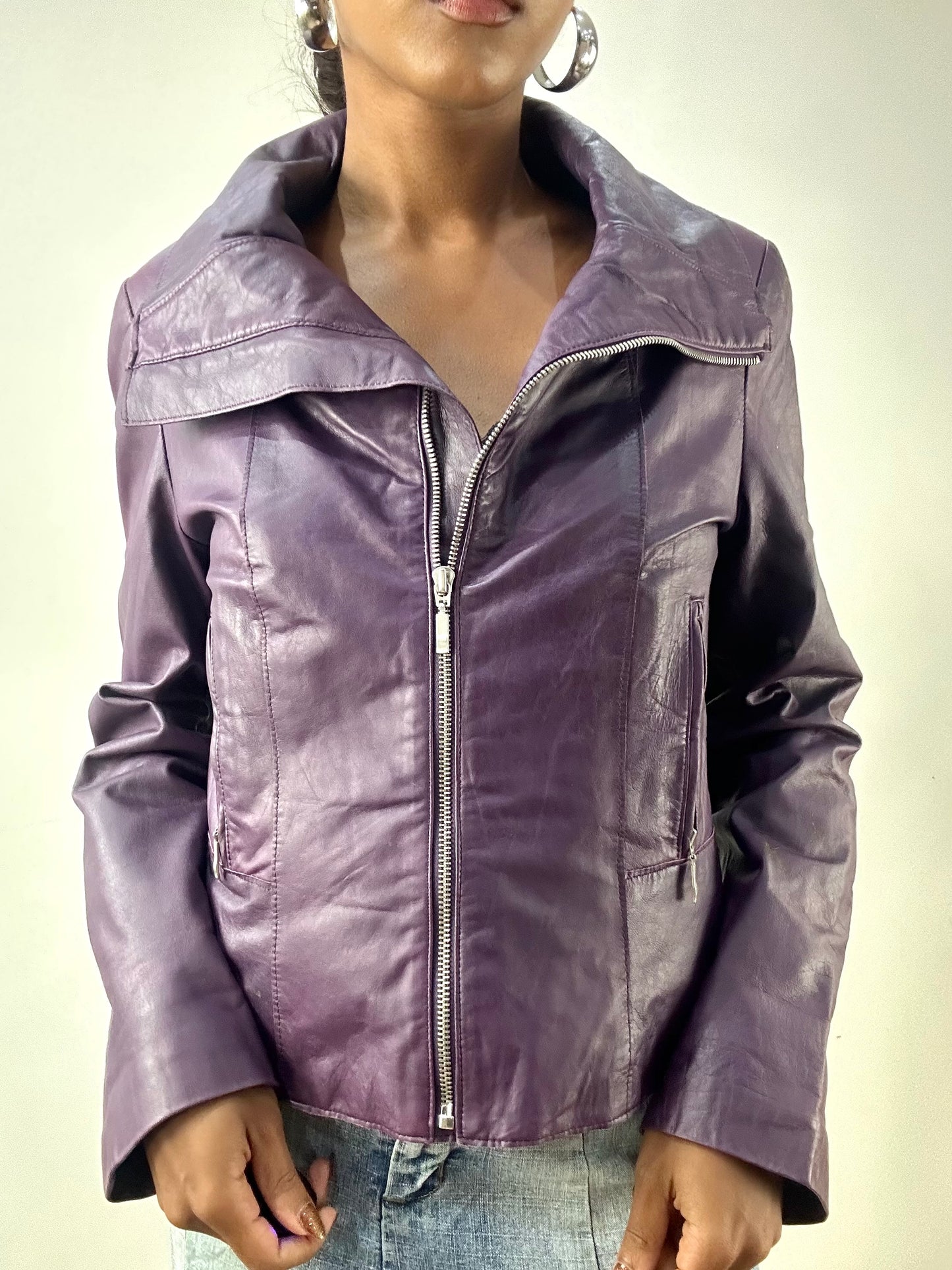LFW edit | small purple faux leather jacket with silver zip detail