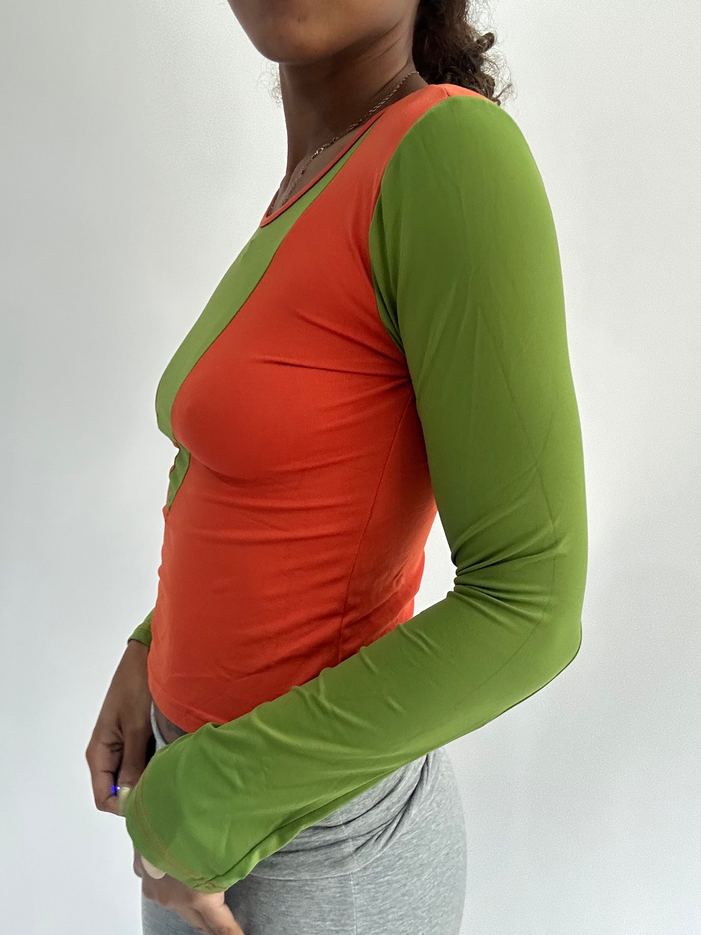 ‼️ | small green long sleeve top with orange vest overlay detail