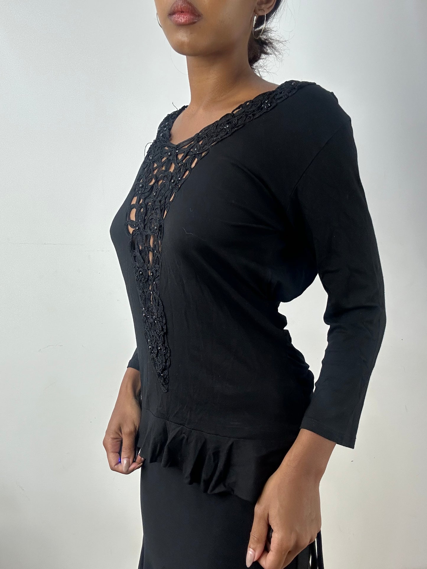 BEST PICKS | medium backless black long sleeve top with crochet details