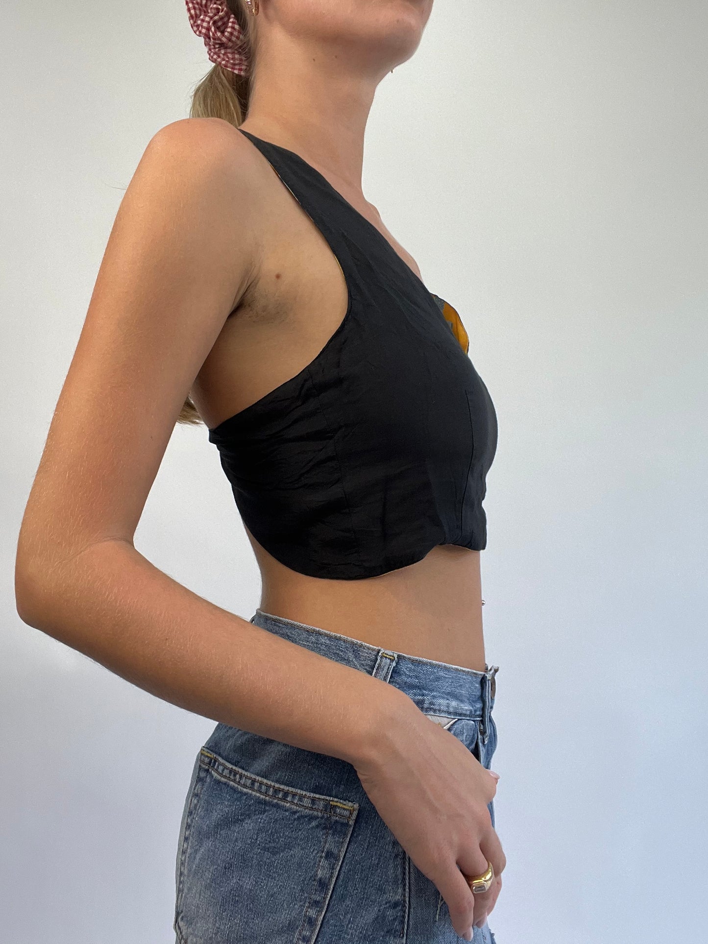 COASTAL COWGIRL DROP | small yellow reversible cropped top with blue floral print