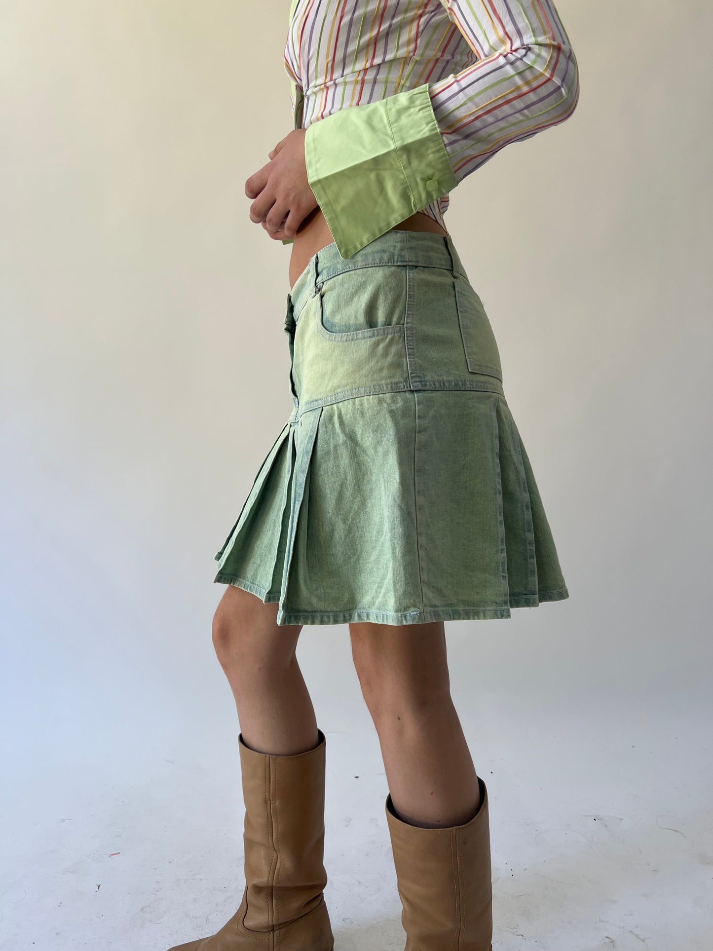 back to school drop | medium green/blue denim midi skirt