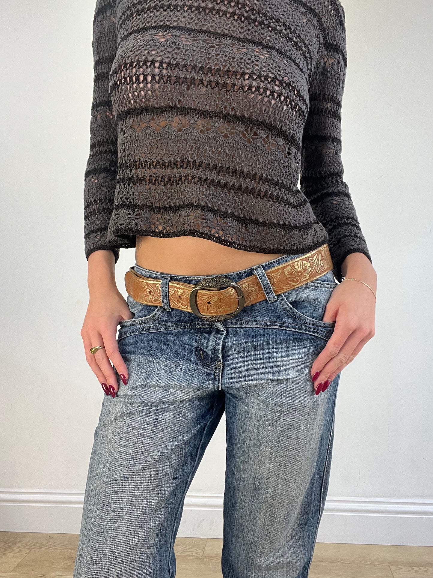 vintage edit sixteen | brown leather floral print belt