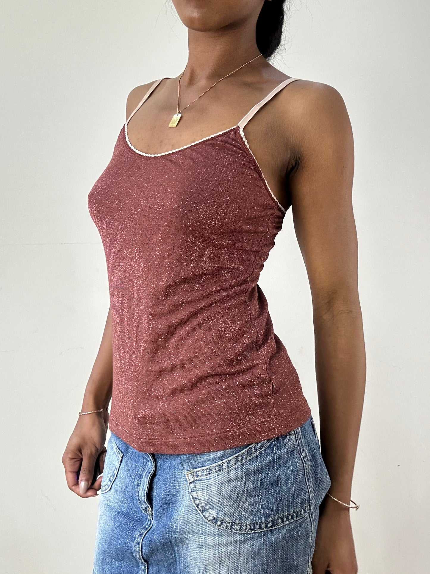 vintage edit twenty-one | medium brown and pink glittery cami top