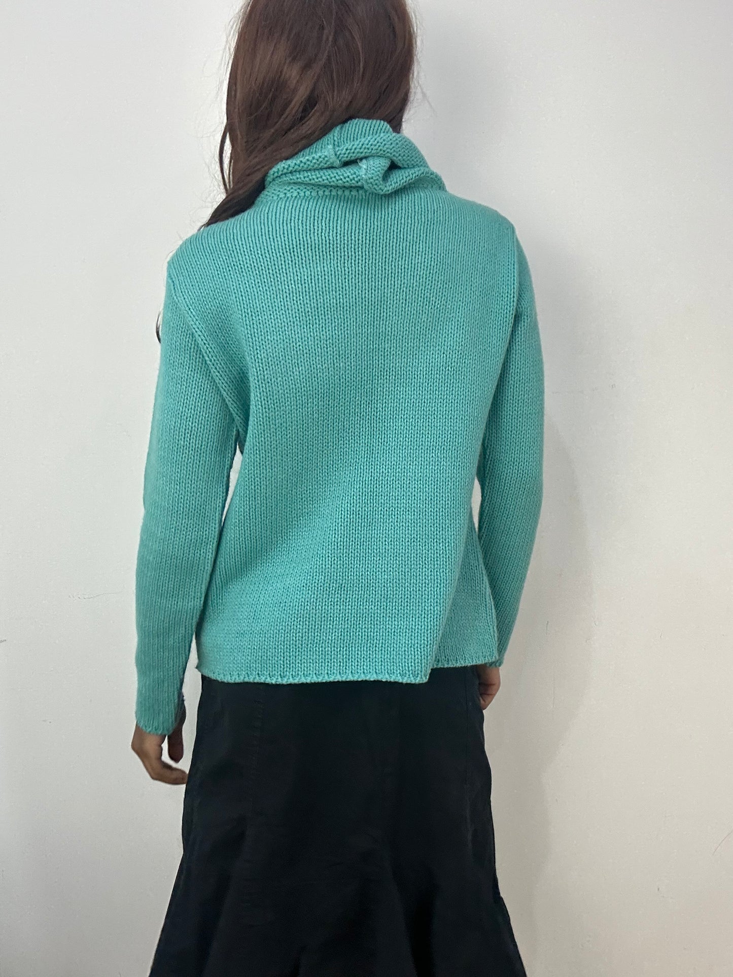 BEST PICKS | medium teal blue knit turtleneck jumper with ribbon details