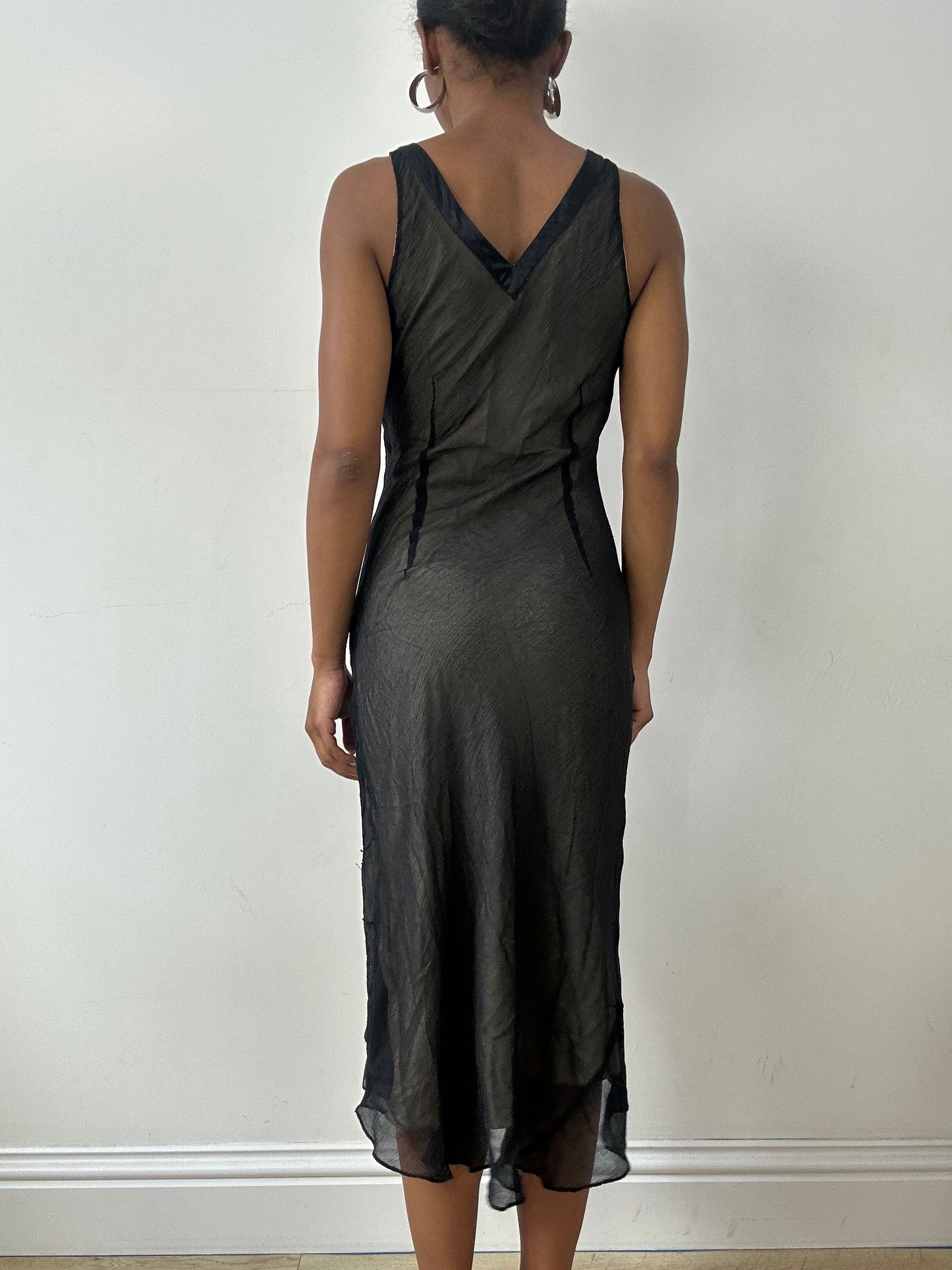 vintage edit twenty-nine | small black silk mesh overlay midi dress