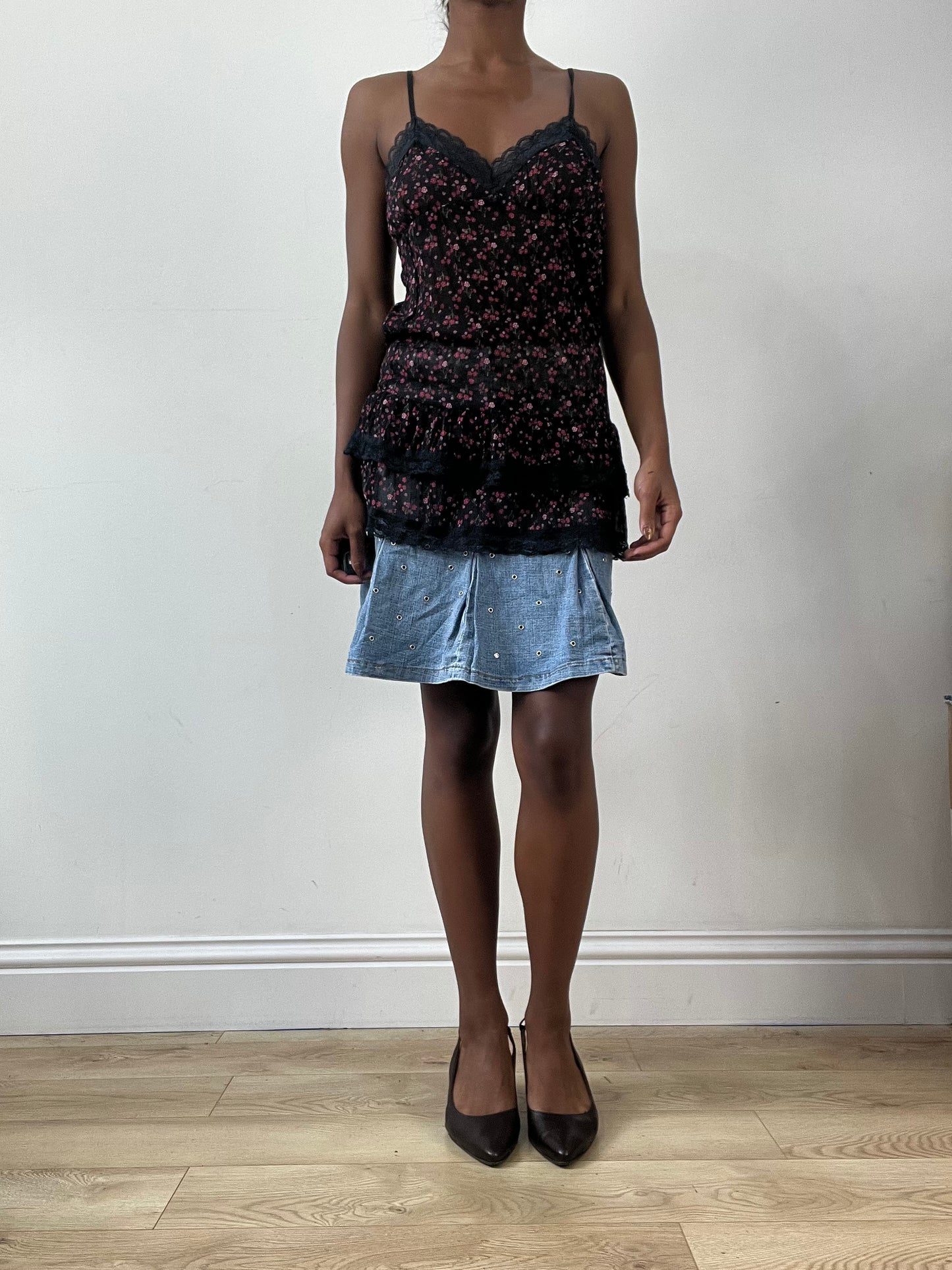 LFW edit | medium black cami with pink and red floral print