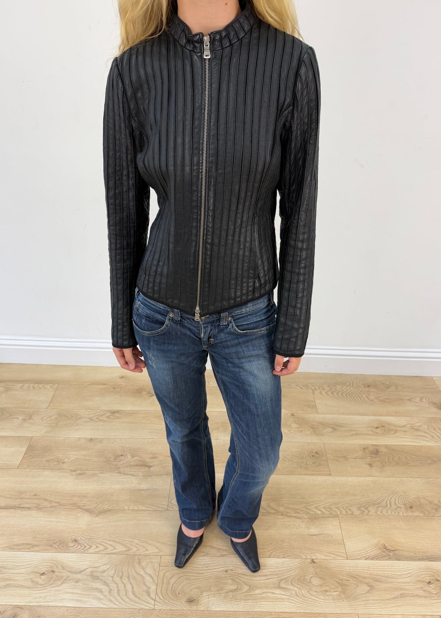 small black leather dual zip jacket