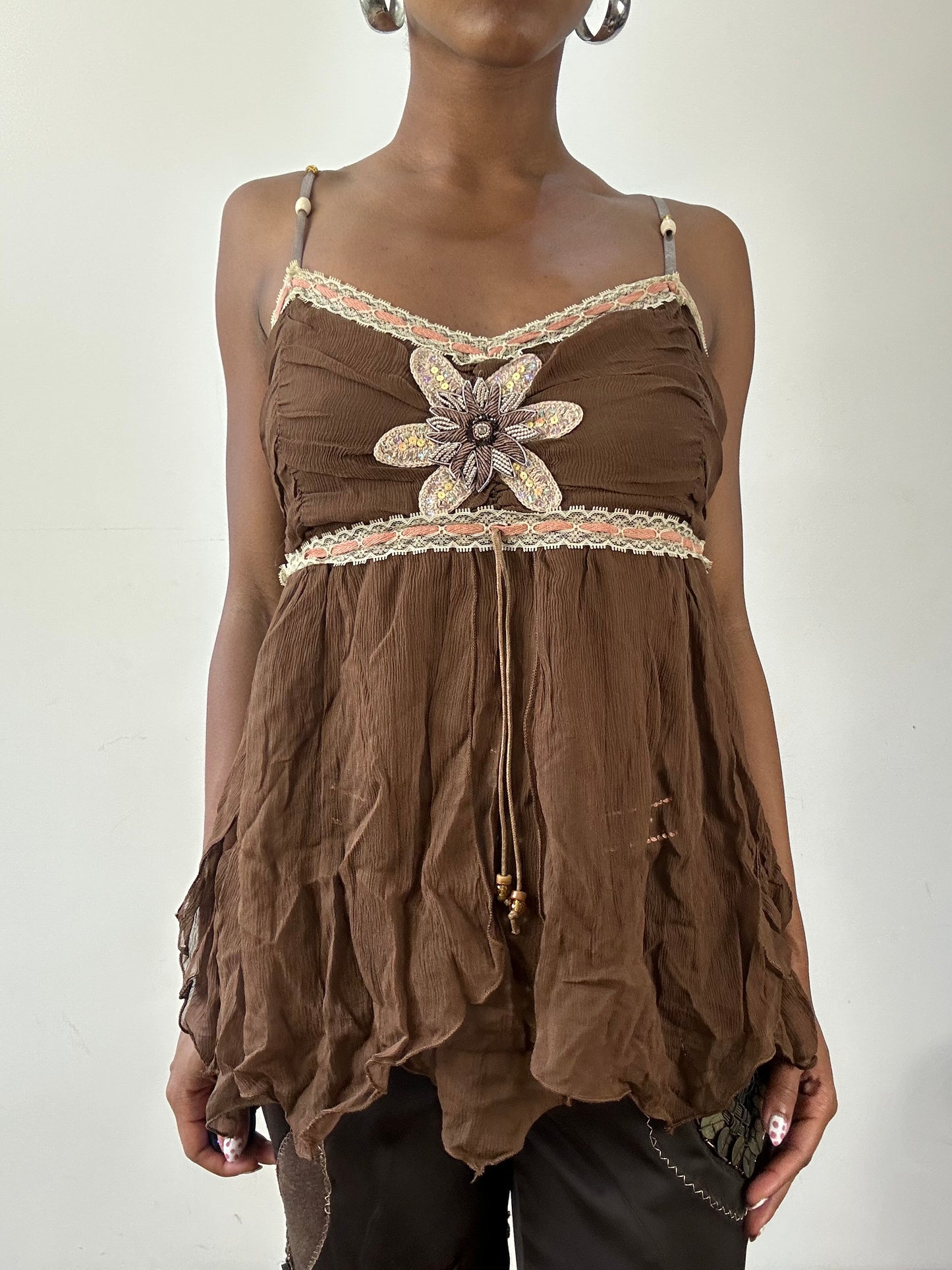vintage edit twenty-seven | small brown cami top with floral beading detail