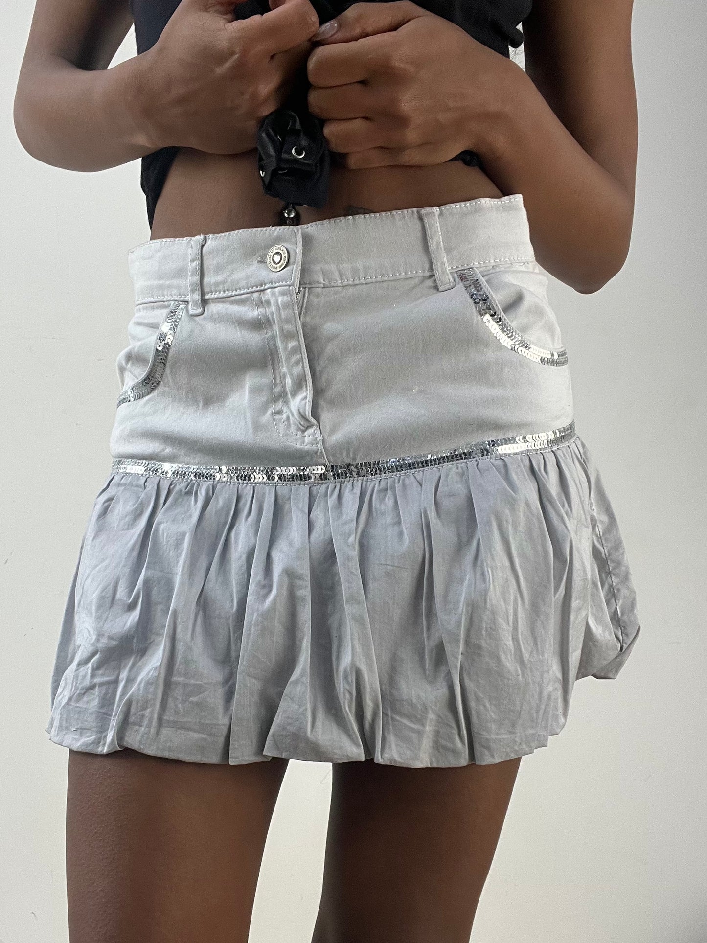 BEST PICKS | small grey denim pleated mini skirt with sequin details