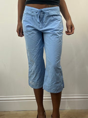 athleisure edit | medium blue cropped trousers with floral embroidery