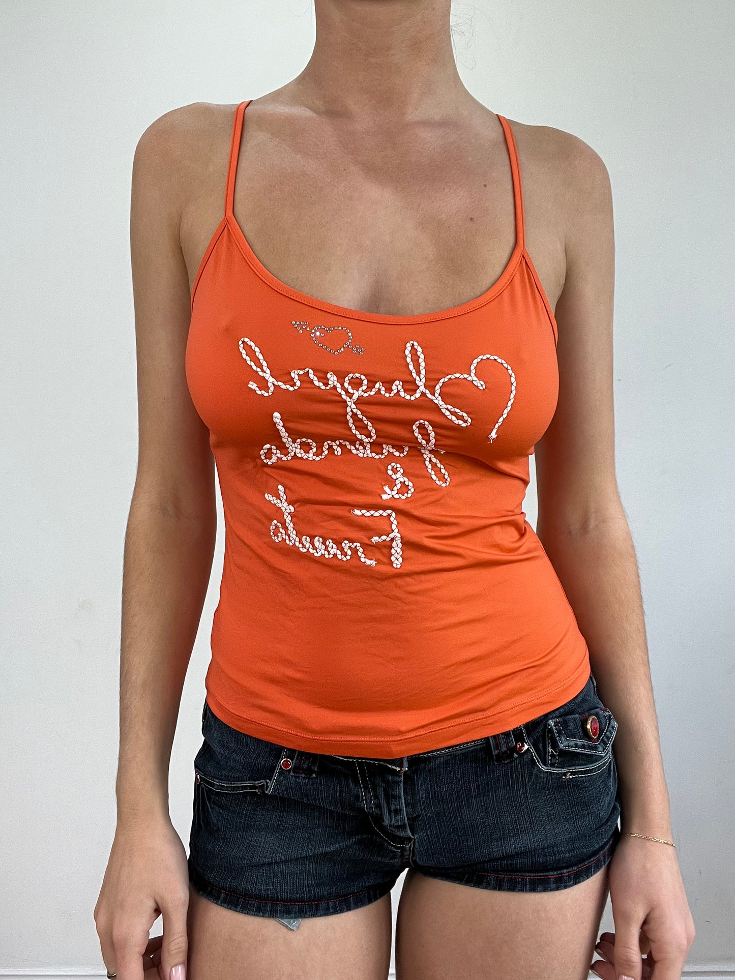 vintage edit twenty | medium orange blumarine vest with writing graphic