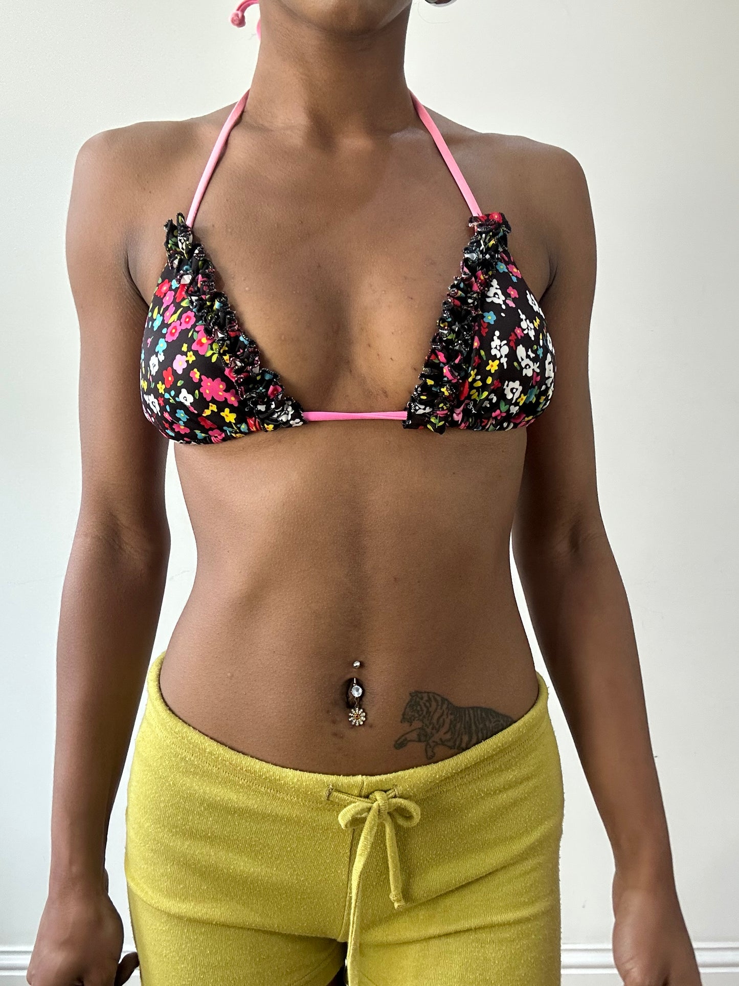vintage edit thirty-one | small black floral bikini set with pink strap detail