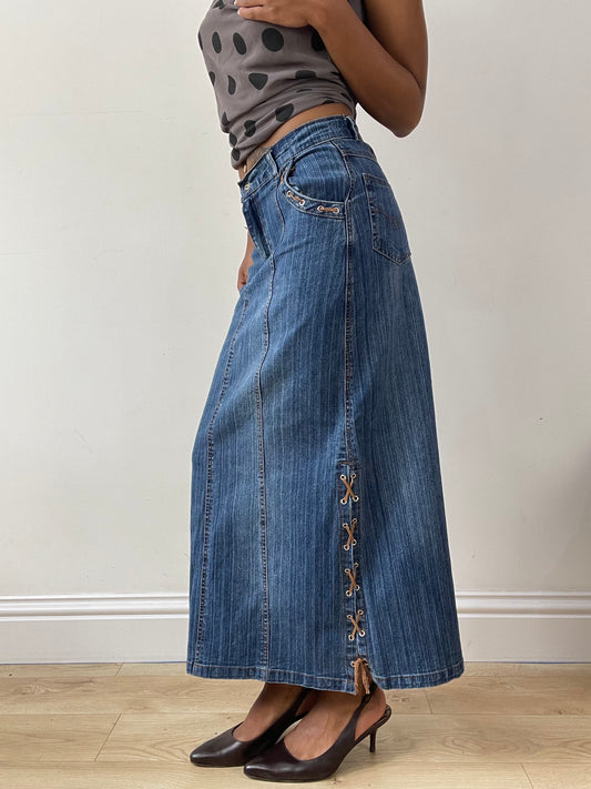 vintage edit twenty-nine | extra small blue denim maxi skirt with lace up detail