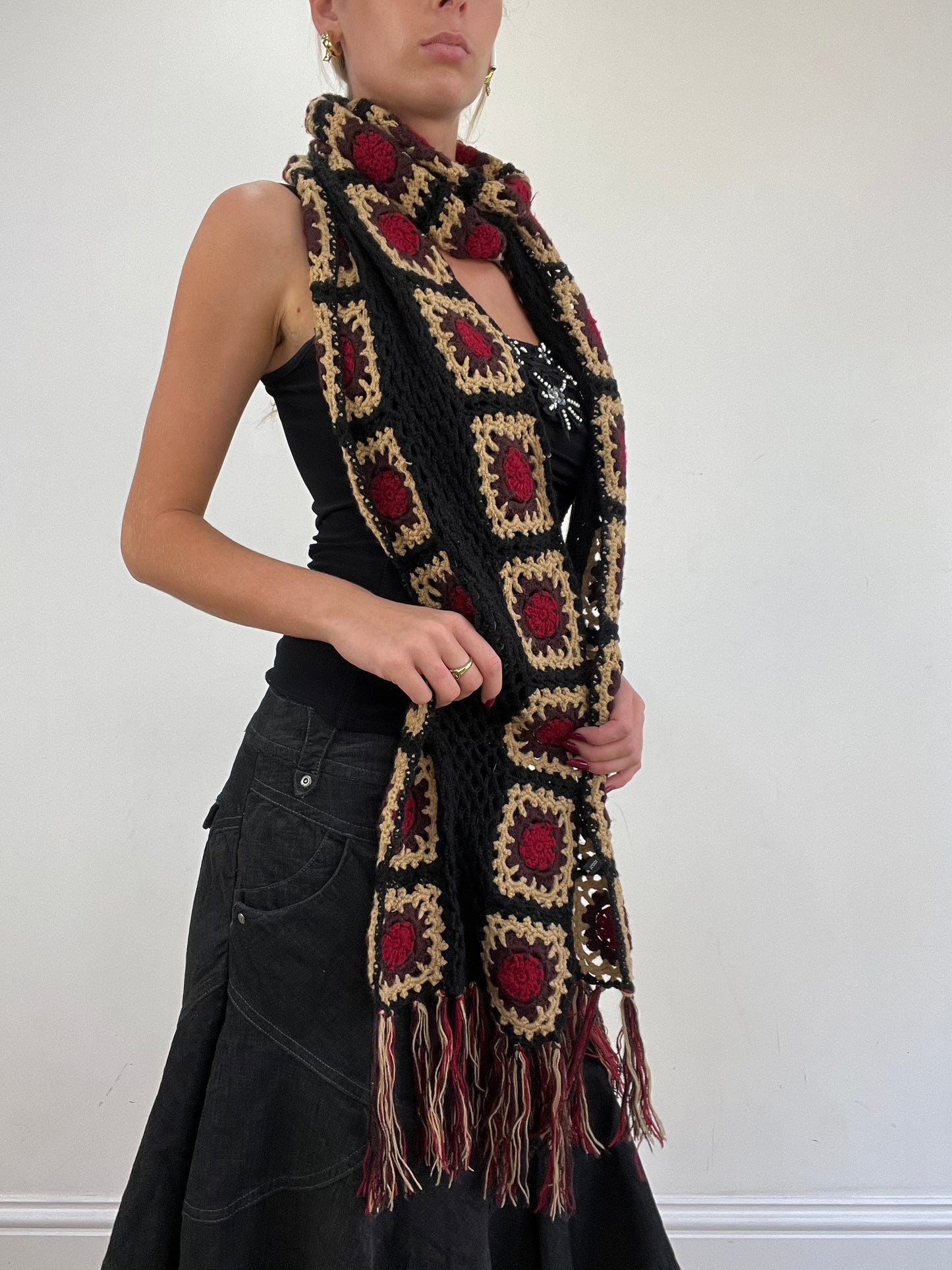 vintage edit thirteen | red and beige floral crochet patchwork scarf