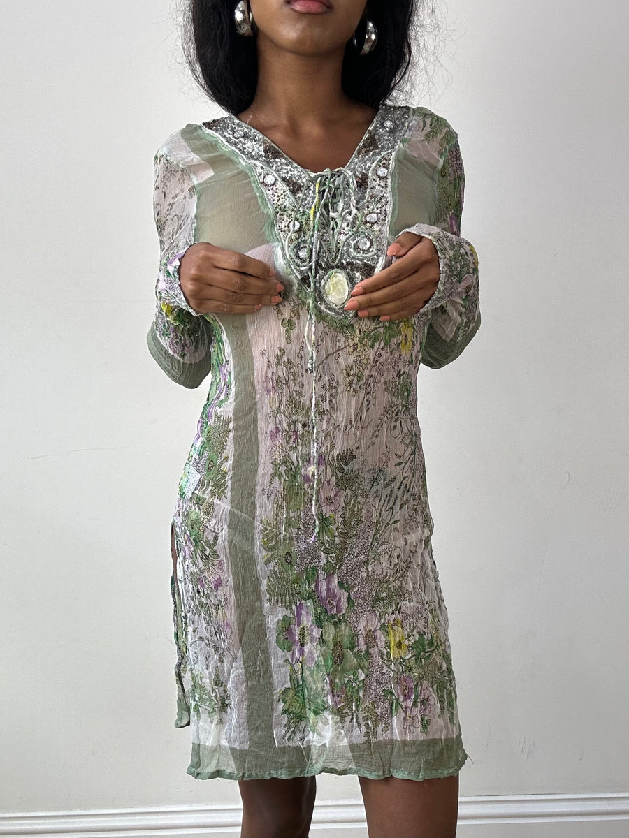 Vintage editar veinticinco | pequeño vestido de encubrimiento de malla verde con estampado floral y abalorios