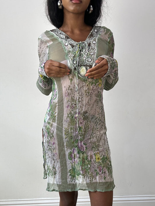 vintage edit twenty-five | small green mesh coverup dress with floral pattern and beading
