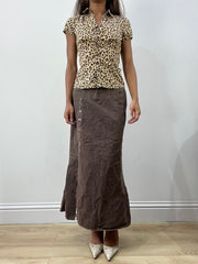 BEST PICKS | medium brown denim maxi skirt with floral embroidery