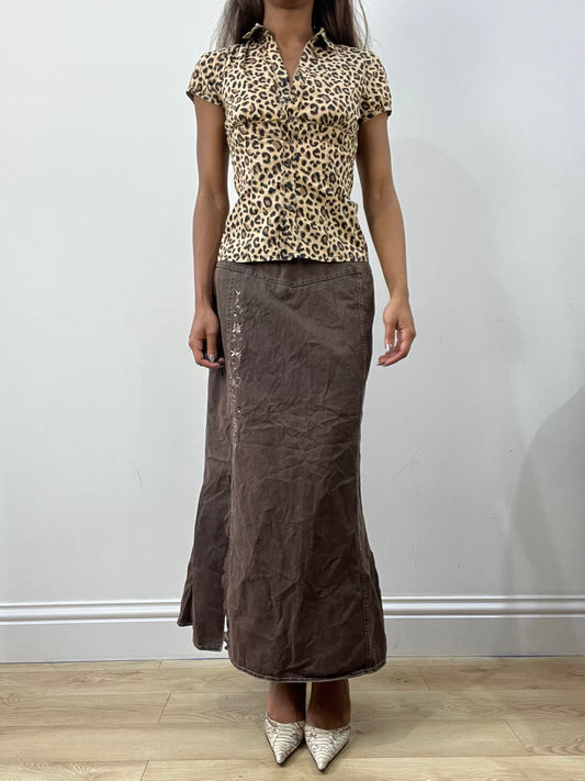 BEST PICKS | medium brown denim maxi skirt with floral embroidery
