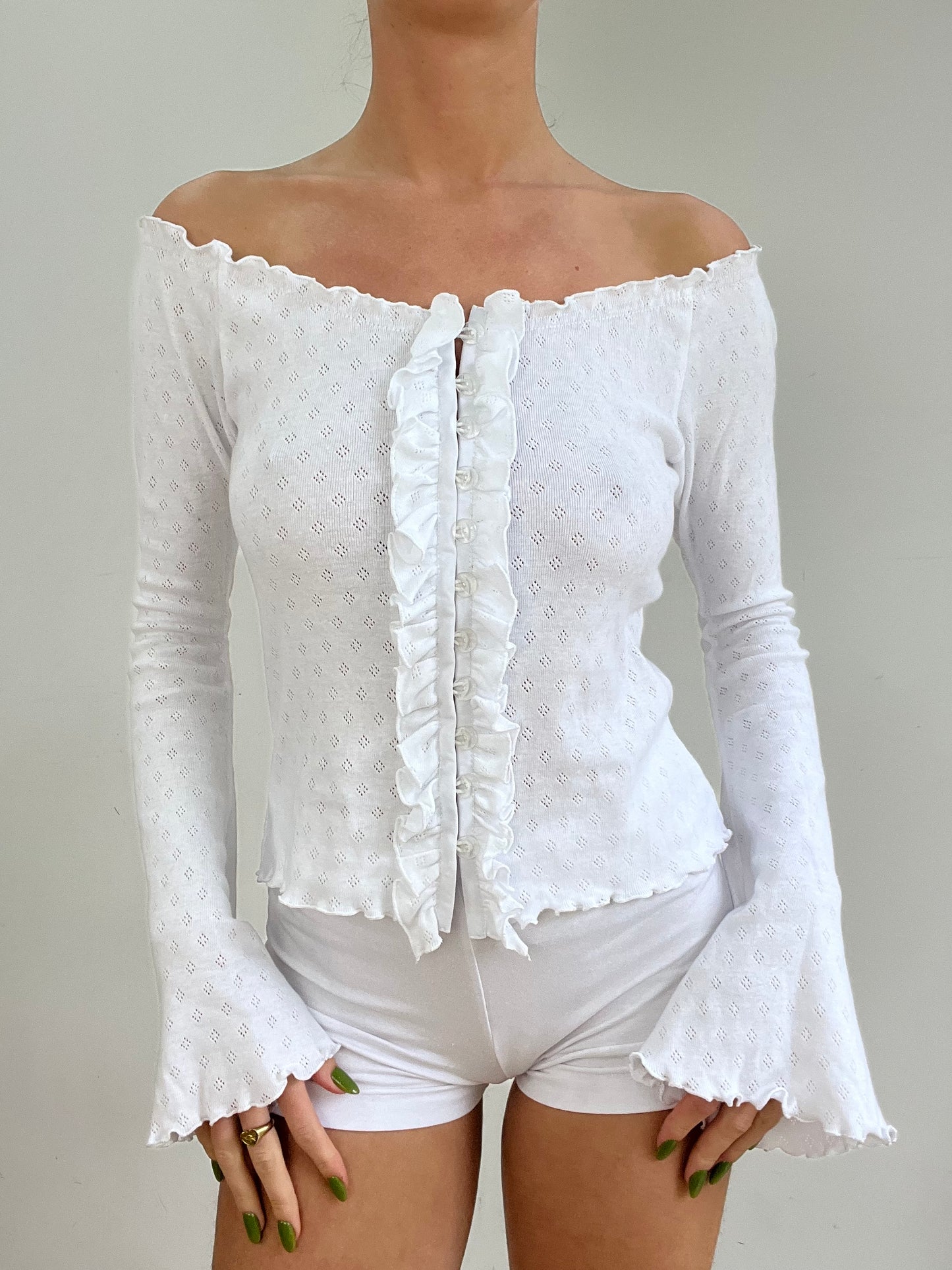 #343 SAMPLE SALE | small white off the shoulder pointelle cardigan