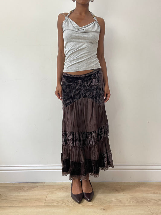 vintage edit twenty-seven | small brown tulle and velvet style maxi skirt