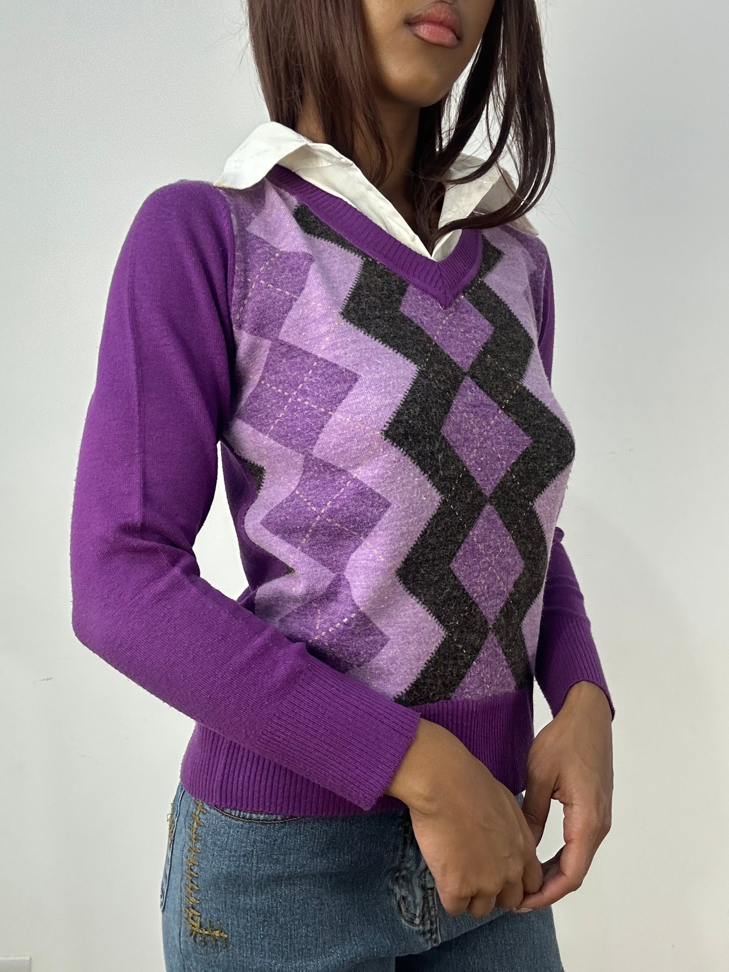 vintage edit thirty-three | small purple argyle jumper with shirt detail