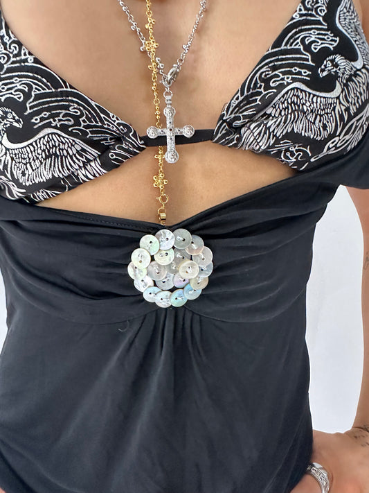 sailor drop | small black slinky cami top with pearl detail
