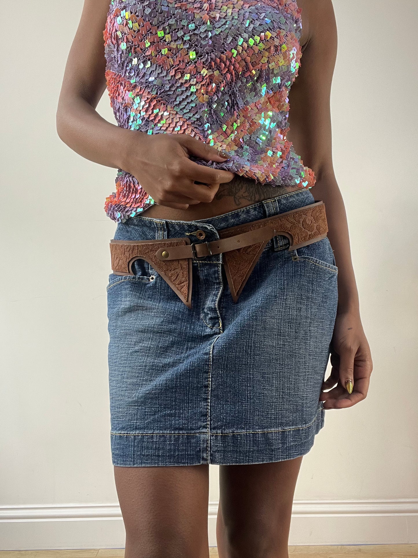 LFW edit | brown faux suede belt with pointed front detail