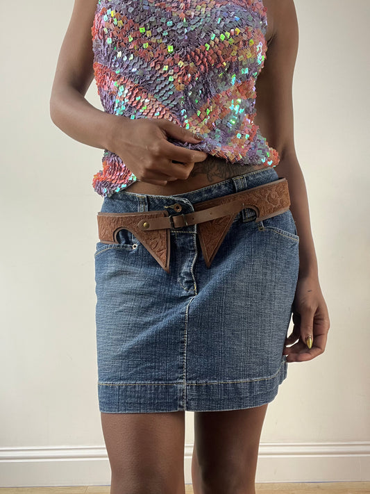 LFW edit | brown faux suede belt with pointed front detail