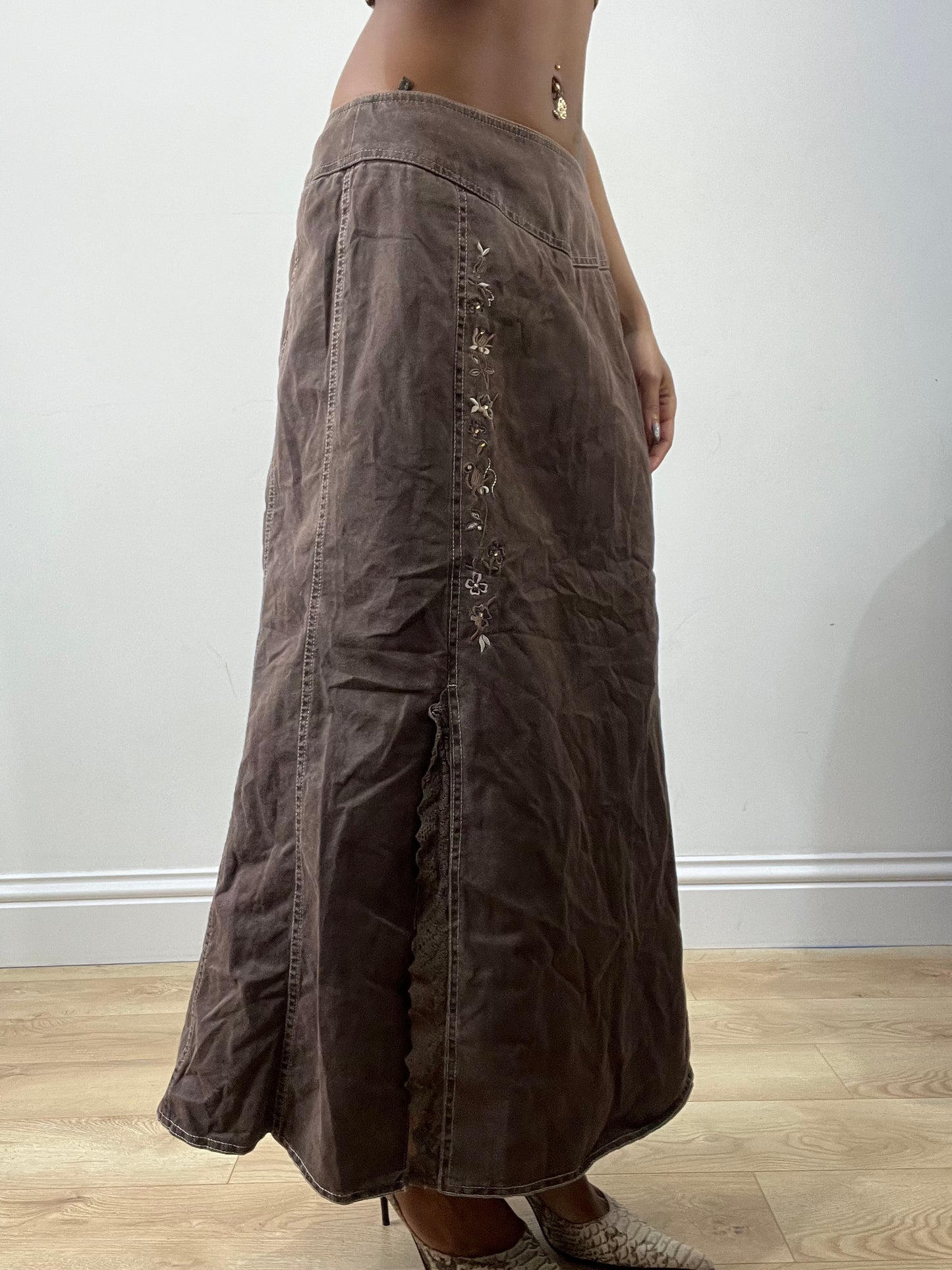 BEST PICKS | medium brown denim maxi skirt with floral embroidery