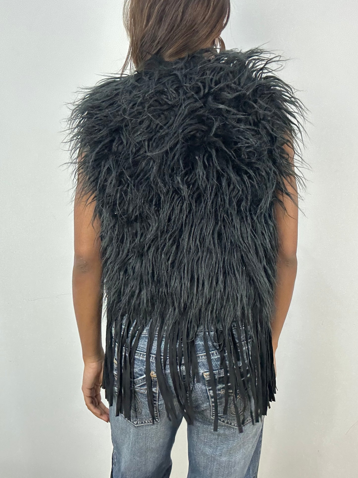 vintage edit: indie sleaze | small black faux fur gilet jacket