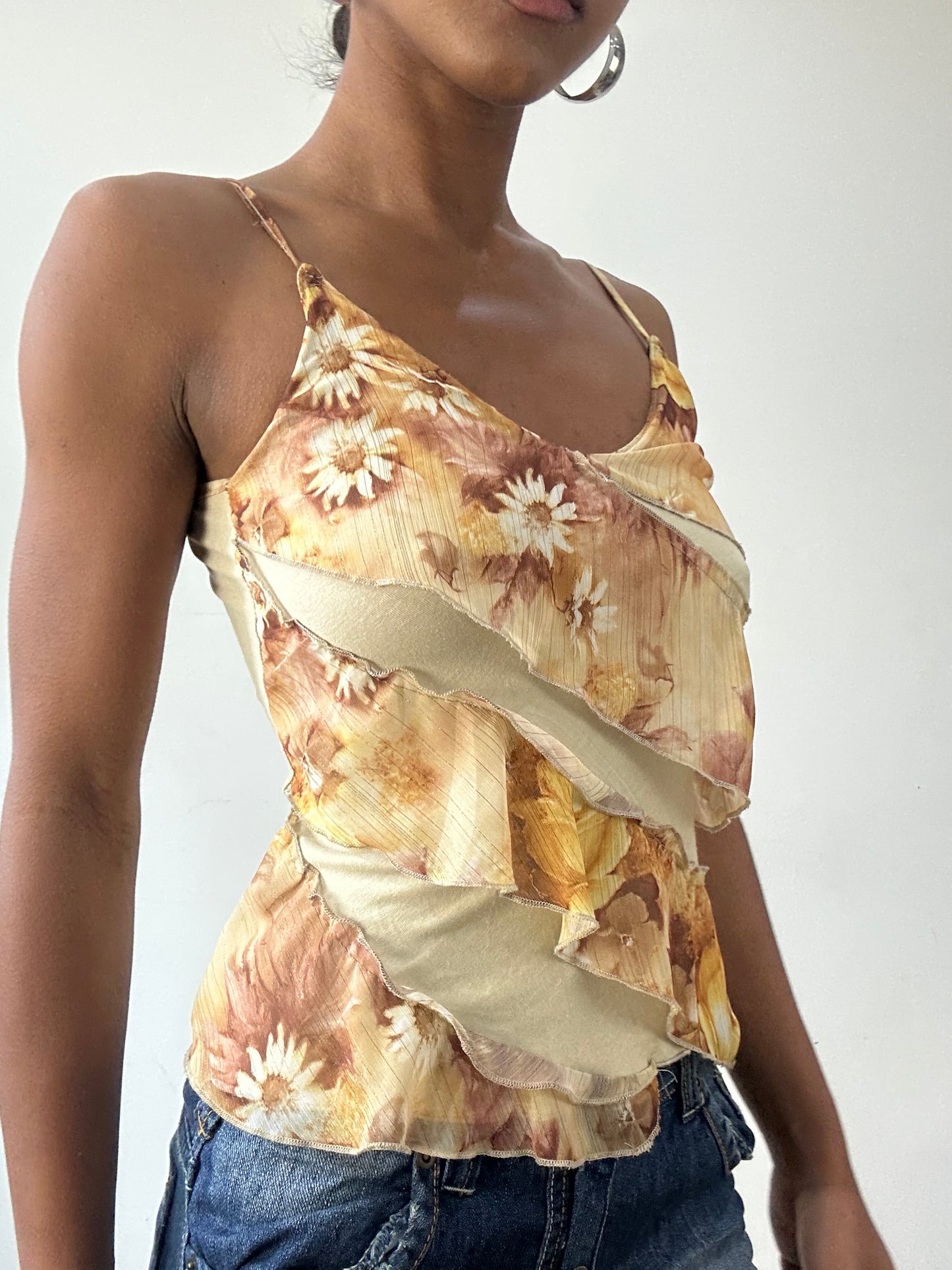 vintage edit thirty-one | small beige and brown ruffle cami top