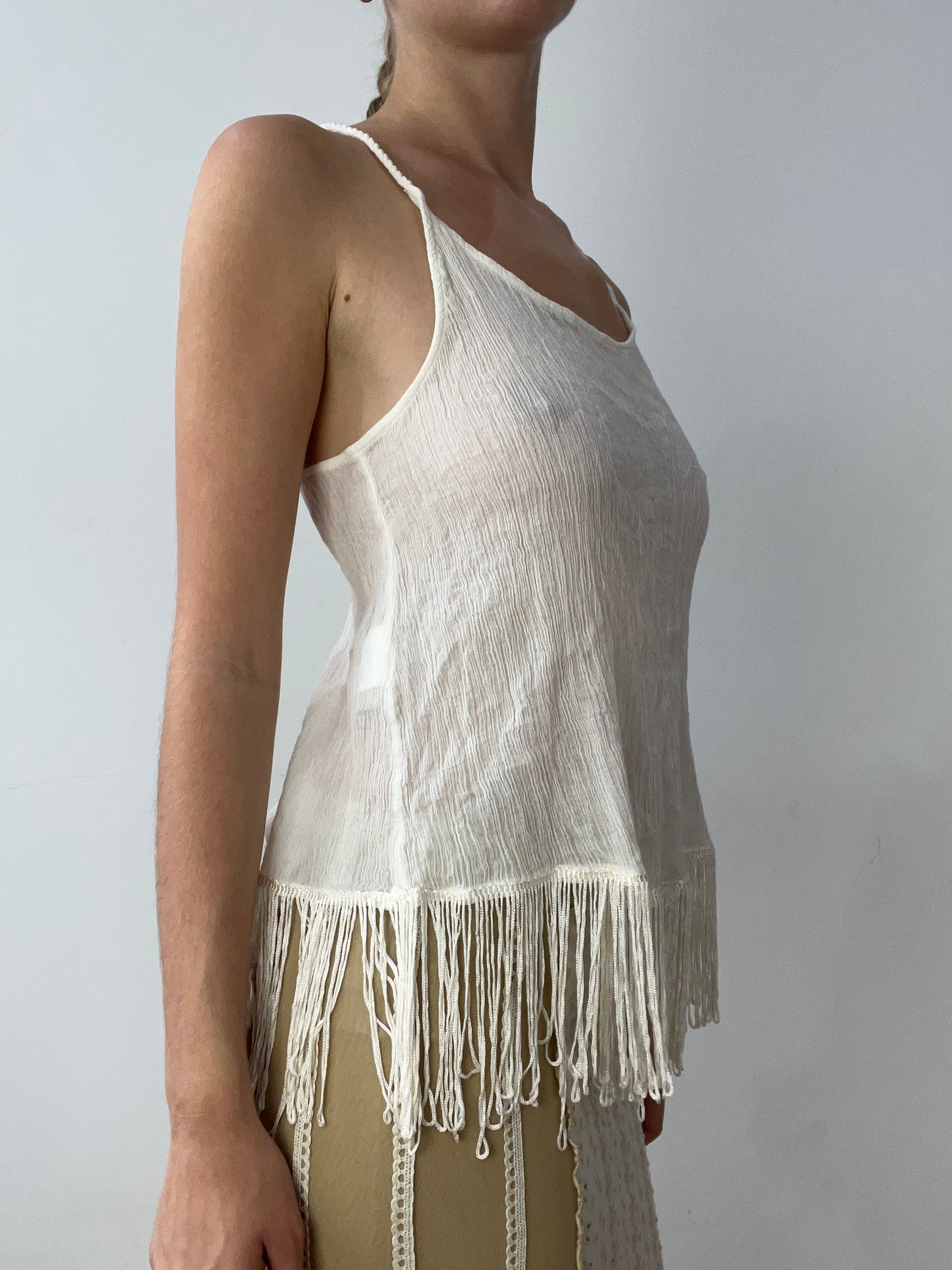 vintage edit thirty | small white linen cami with tassel trim detail