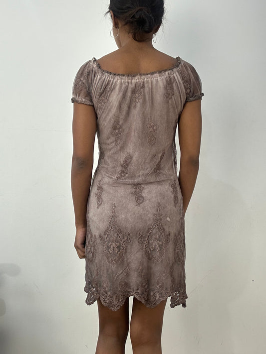 BEST PICKS | small grey mauve babydoll midi dress with mesh overlay