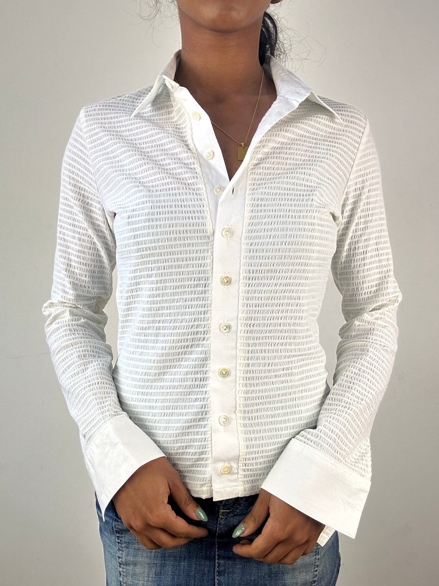 vintage edit: tops | medium white ruched button up shirt
