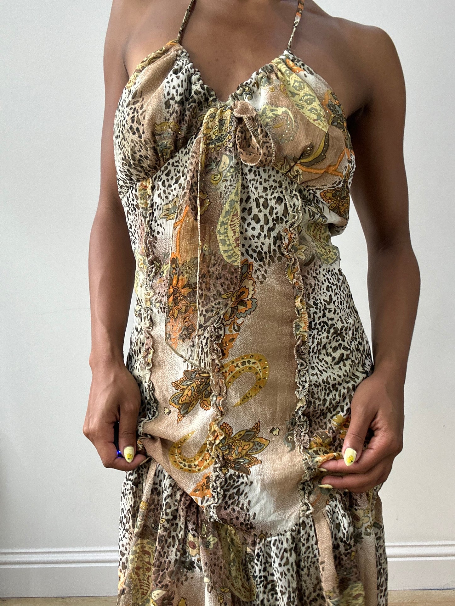 vintage edit thirty-two | small brown leopard print halterneck midi dress