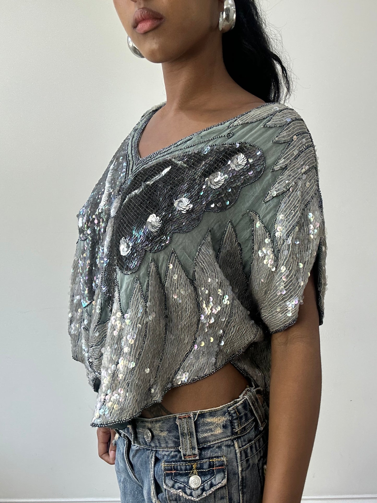 BEST PICKS | small grey and blue silk sequin butterfly poncho top