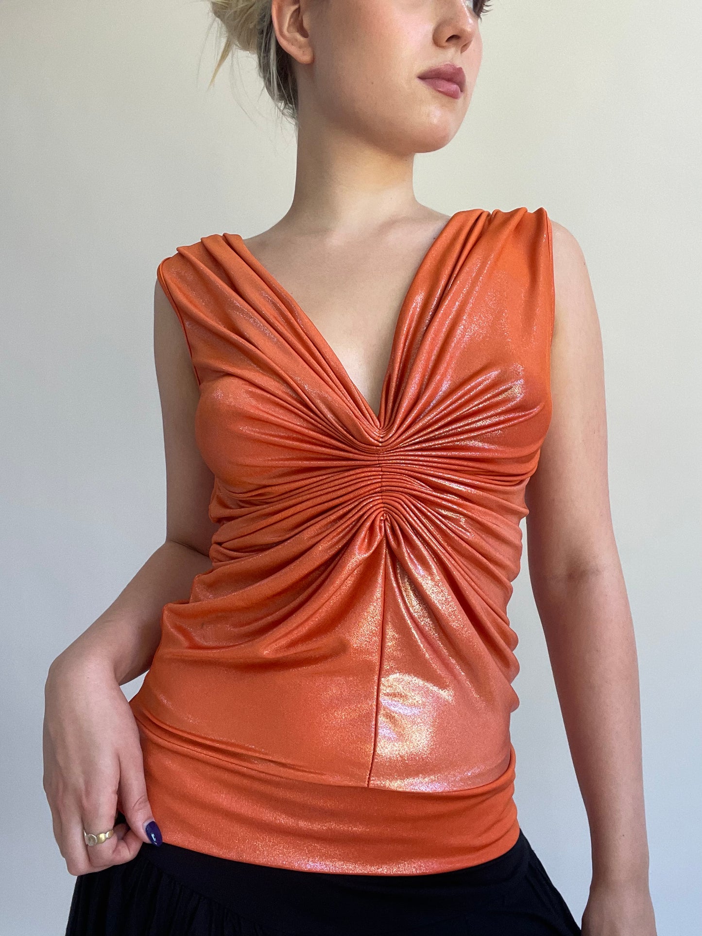 Y2K| medium orange shimmery top